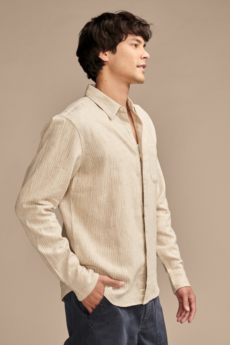 railroad stripe linen one pocket long sleeve shirt